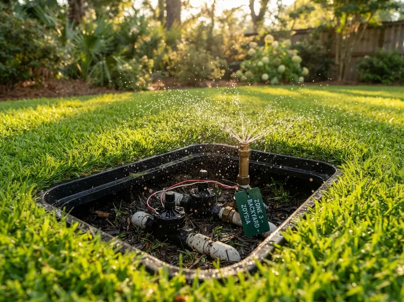 Sprinkler valve box in lush green lawn