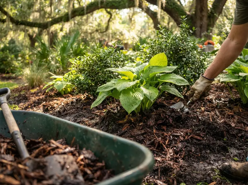 Fresh organic mulch in garden bed
