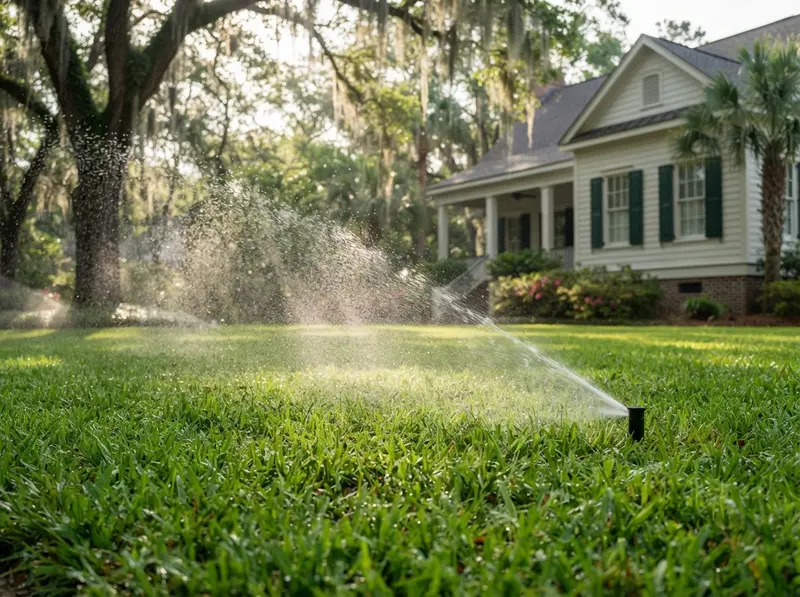 Lush lawn irrigation system watering Lush lawn irrigation system watering