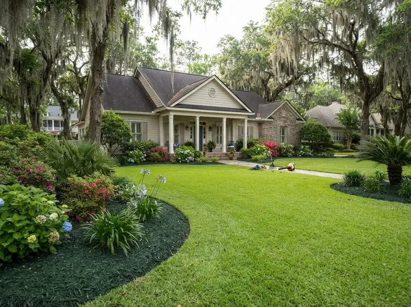 Professional yard cleaning service in progress