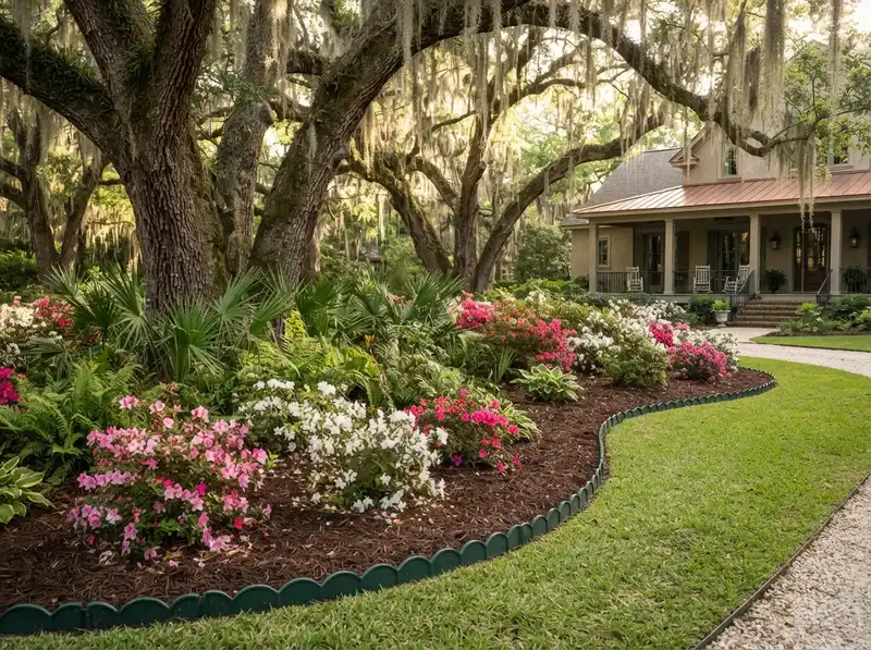 Clean garden bed with fresh mulch Clean garden bed with fresh mulch